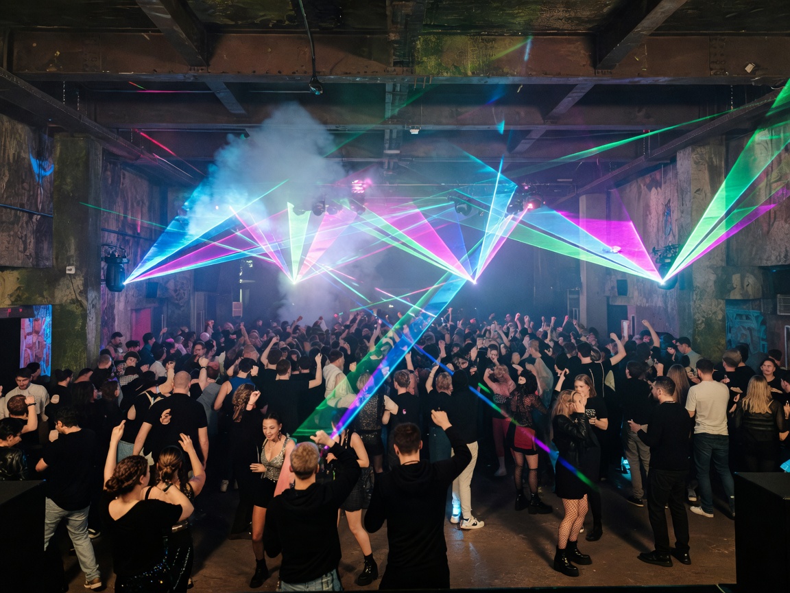 Club Under Bron interior with dynamic laser and crowd in Stockholm Sweden