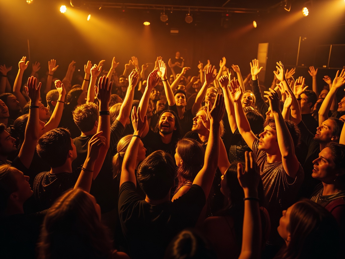 Concert and club crowd with hands up under amber stage lighting