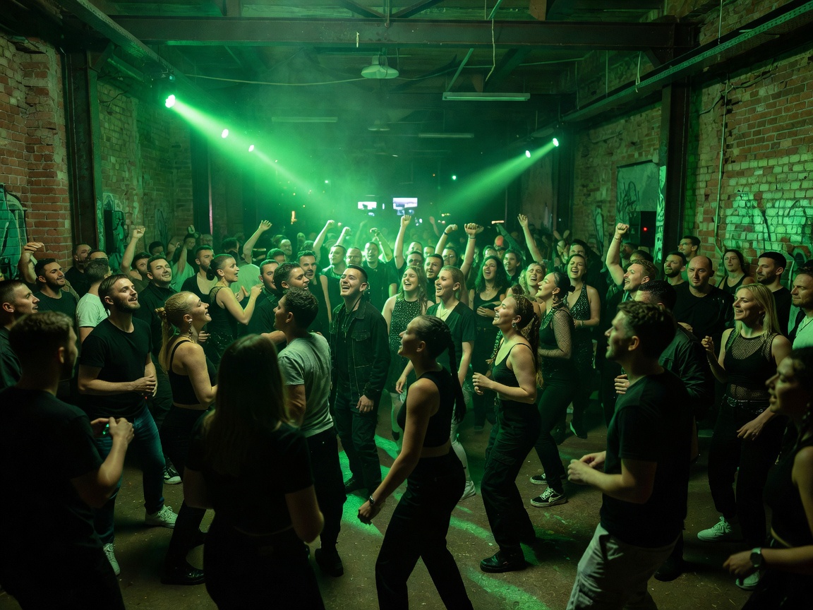Crowd dancing in Helsinki warehouse district club with green atmospheric lighting