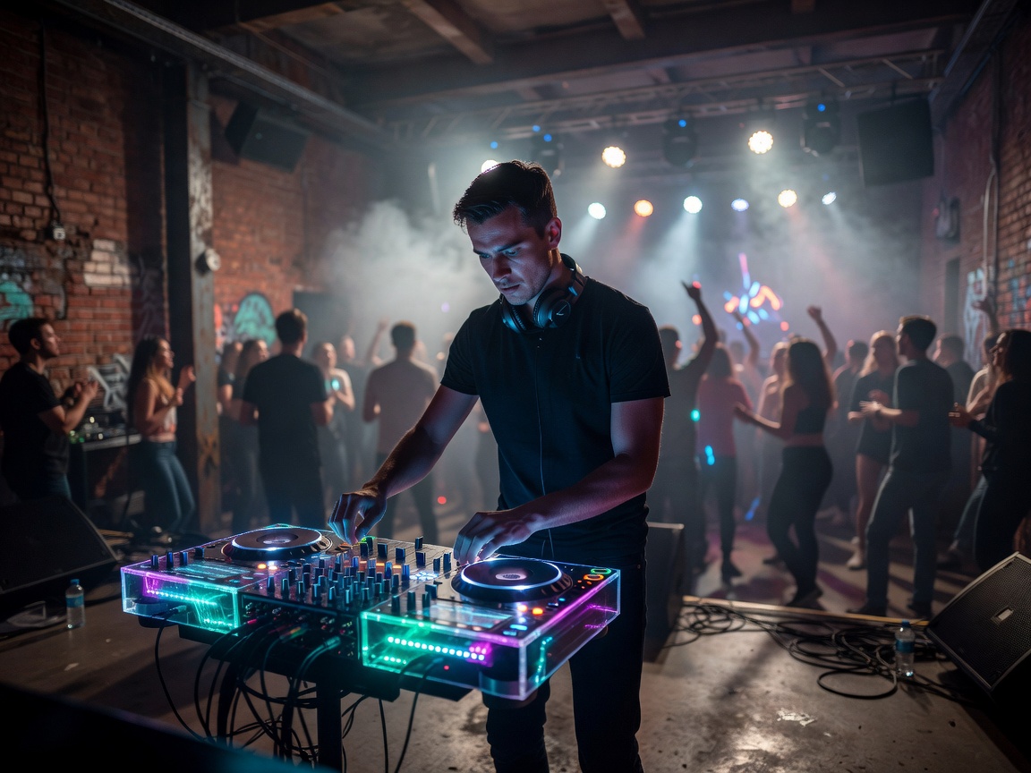 DJ performing with glowing mixer in Copenhagen electronic venue