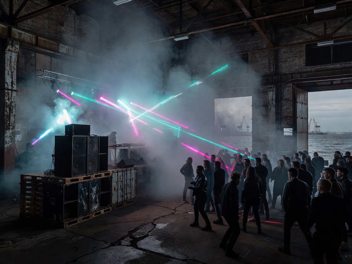 Harbor warehouse raw techno stage with heavy mist and neon strobes in Tallinn Estonia
