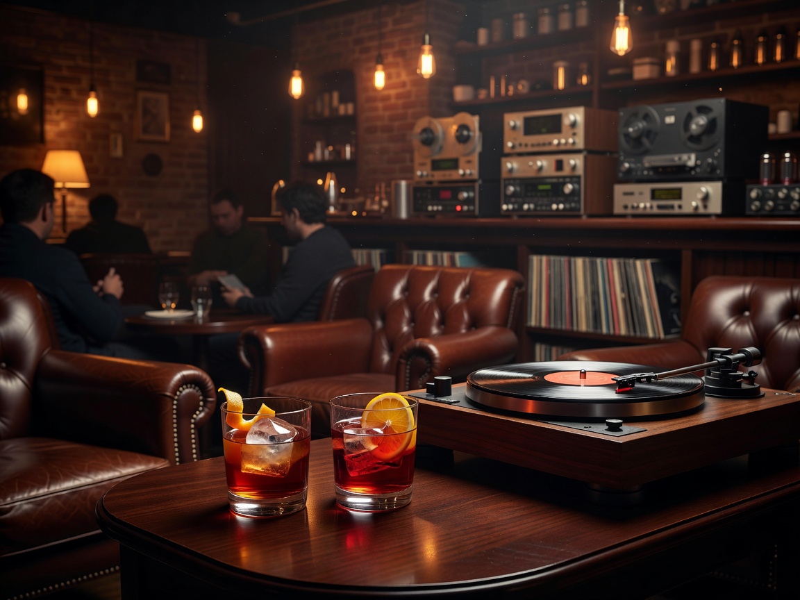 Intimate audiophile listening bar ambiance with cocktails and vinyl player